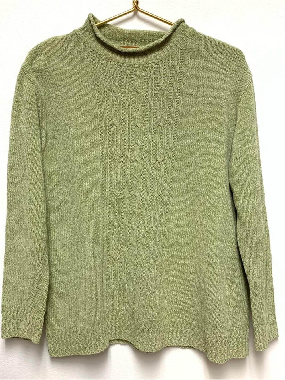 Vintage 90s Cable Knit Roll Neck Chenille Sweater Sz M Light Green‎ Grandmacore